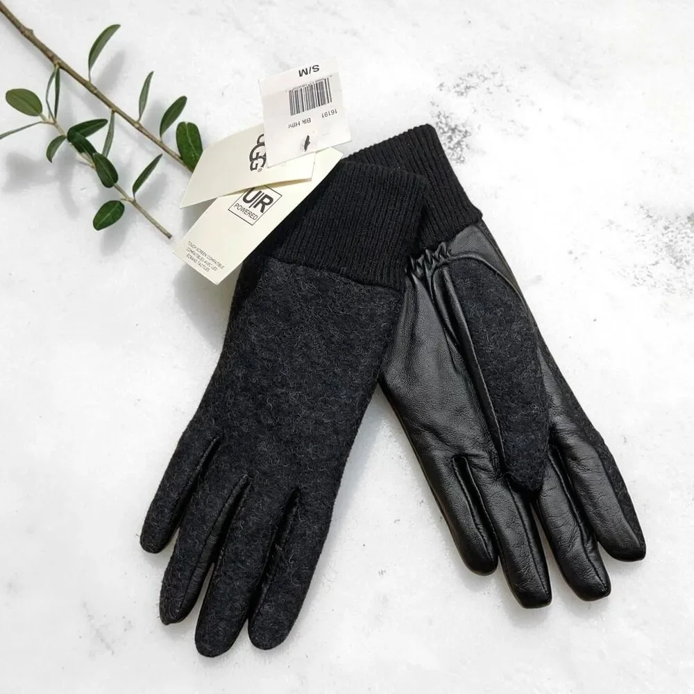 UGG Wool & Leather Palm Touchscreen Tech Gloves with Fur Lining - S/M